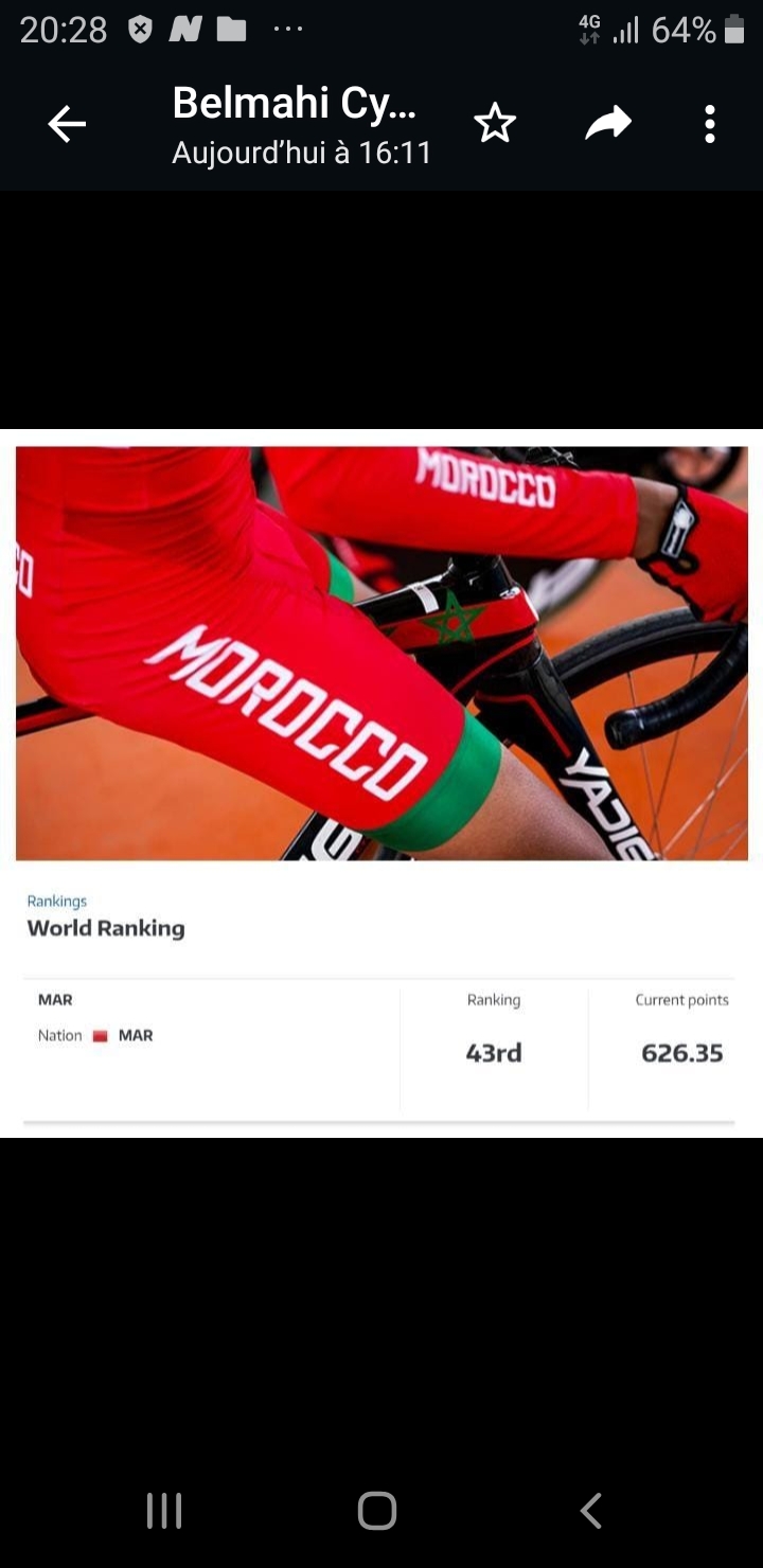 📣 الدراجة المغربية *تتأهل لبطولة العالم للدراجات على الطريق 2022 بأستراليا* وتحقق الرتبة 43 ضمن أفضل 50 دولة من أصل 201 اتحاد وطني على مستوى العالم 💪🏻🇲🇦🚲