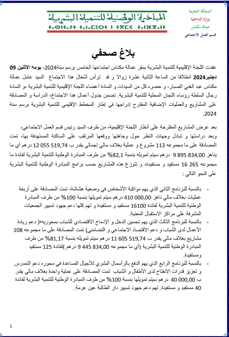 اللجنة الإقليمية للتنمية البشرية بمكناس تصادق على 111 مشروعًا بقيمة تفوق 12 مليون درهم لتعزيز التنمية المحلية اللجنة الإقليمية للتنمية البشرية بمكناس تصادق على 111 مشروعًا بقيمة تفوق 12 مليون درهم لتعزيز التنمية المحلية