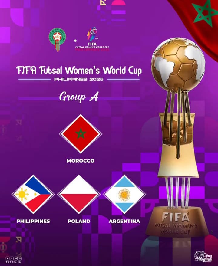 قرعة مونديال كرة القدم داخل القاعة سيدات تضع المنتخب المغربي في المجموعة الأولى بجانب الفلبين والأرجنتين وبولونيا قرعة مونديال كرة القدم داخل القاعة سيدات تضع المنتخب المغربي في المجموعة الأولى بجانب الفلبين والأرجنتين وبولونيا