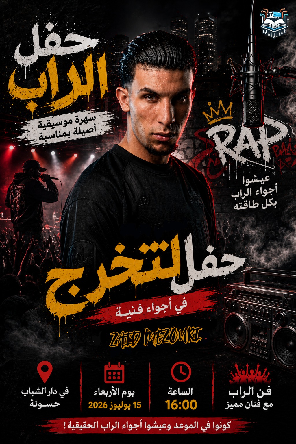 زيد المزوري يحيي حفلاً فنياً لعشاق الراب بدار الشباب حسنونة